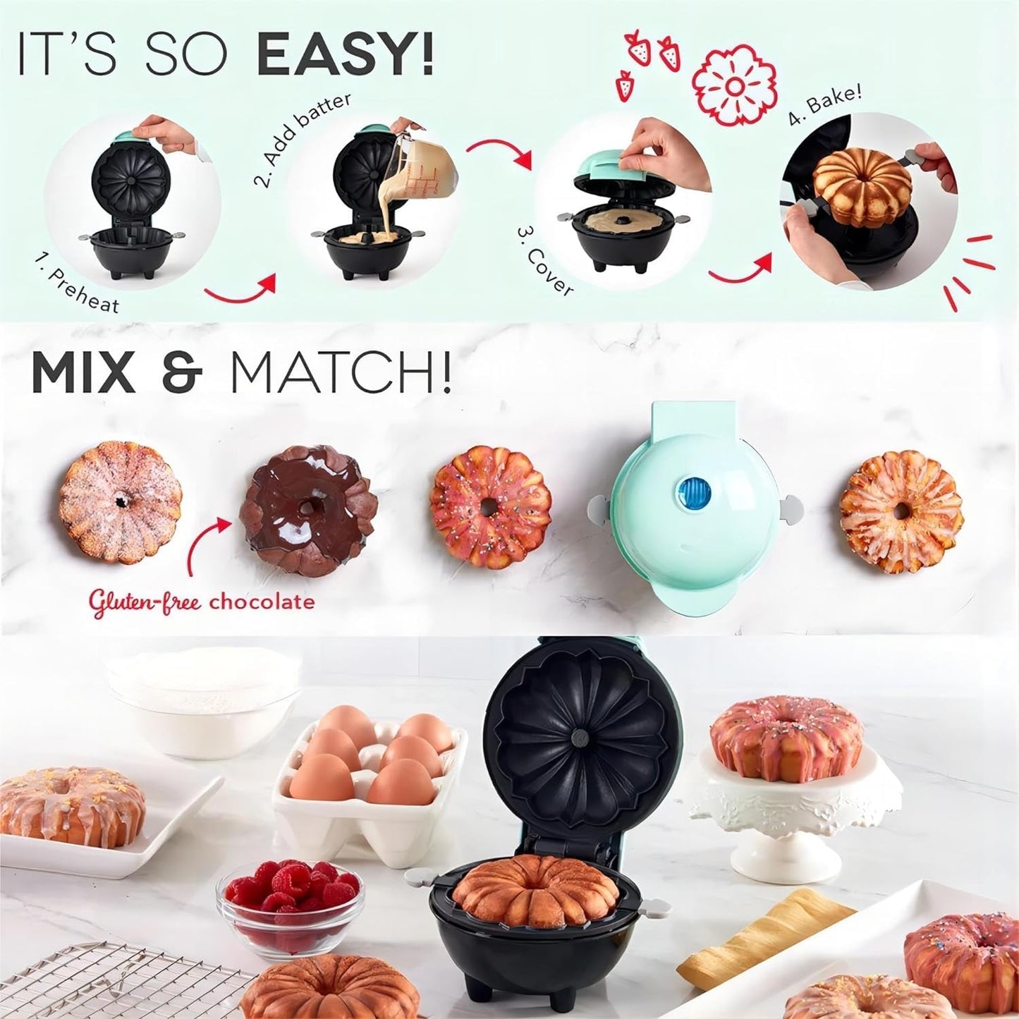 Cake Maker Lava Cake Maker Mini Donut Maker Waffle Maker Pancakes Maker Machine for Breakfast, Snacks, Desserts Non-stick Surface, Cake Machine, Double-sided Heating, Azure